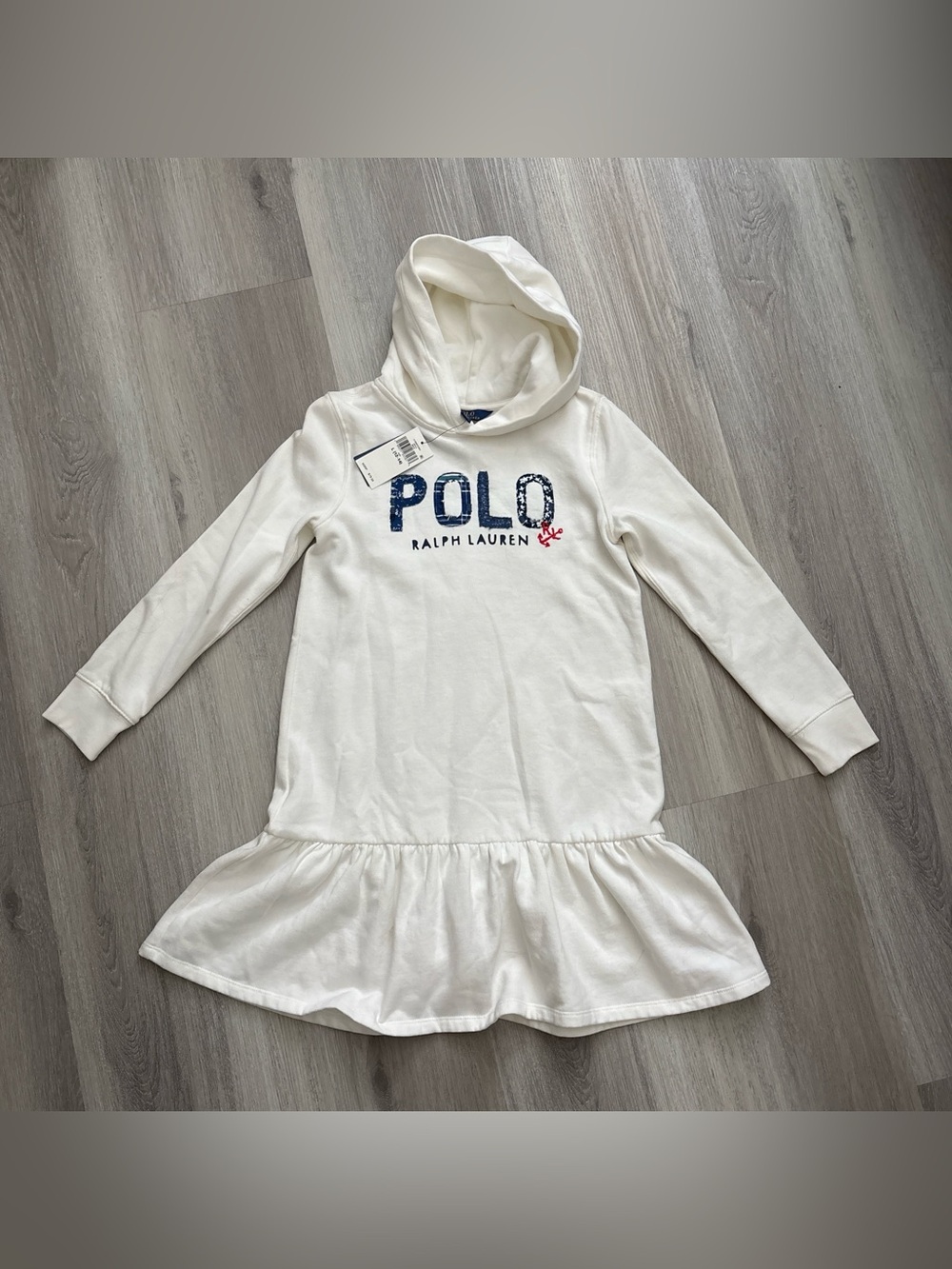 Ralph Lauren White Hooded Ruffle-Hem Polo Dress with Navy Logo